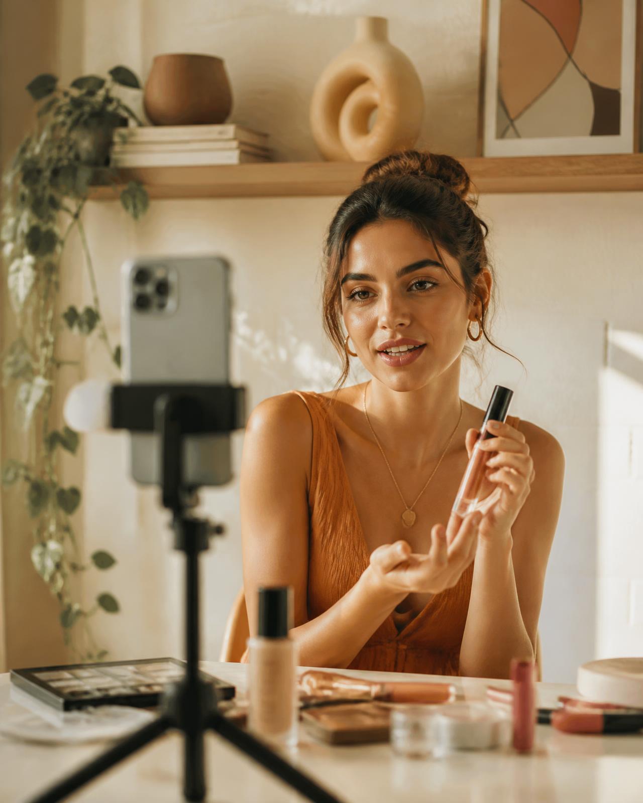Melissa filming a beauty content video at home
